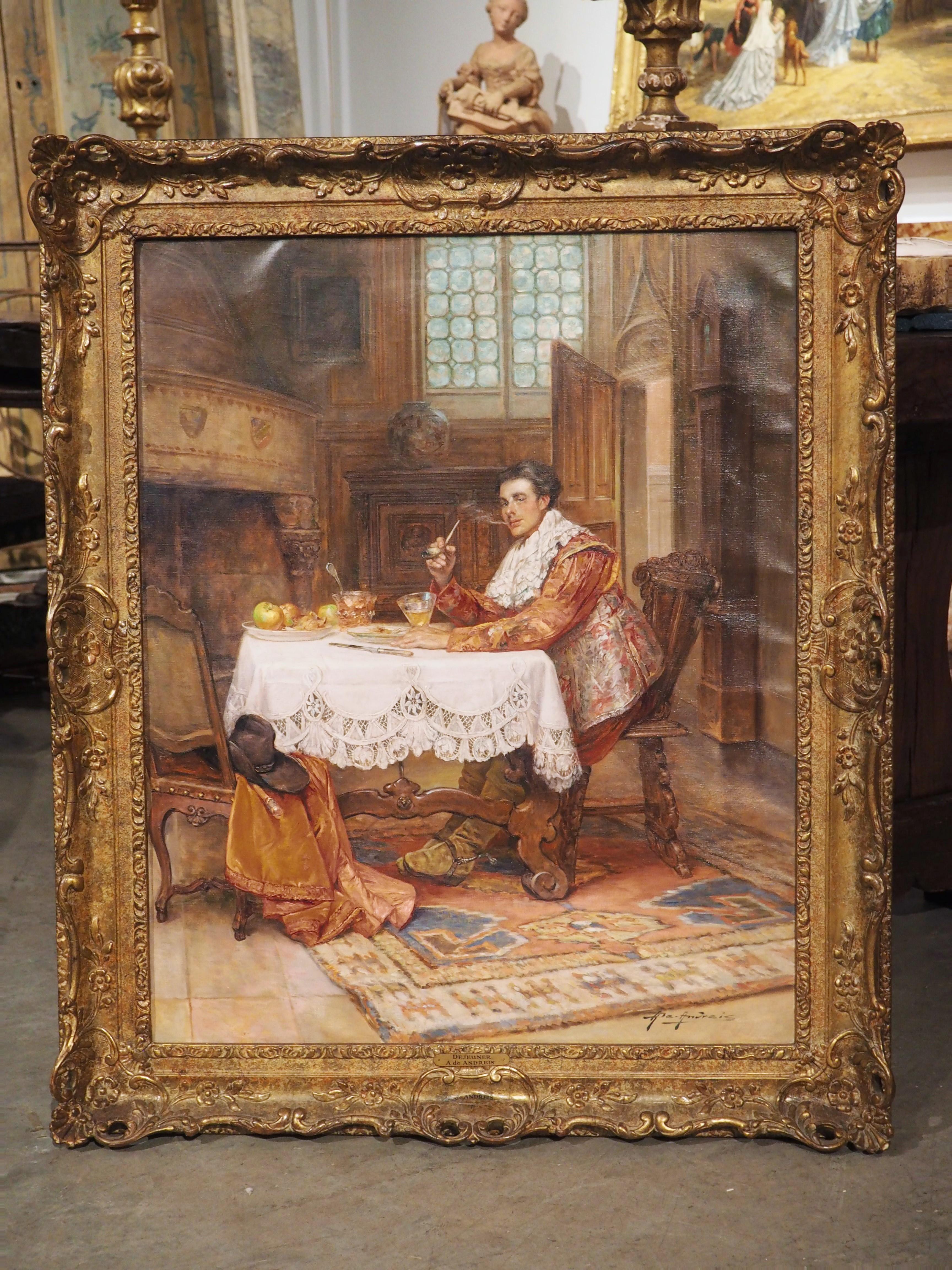 Antique Belgian Oil Painting of a Man at Lunch by Alex de Andreis, 1880-1929 In Good Condition For Sale In Dallas, TX