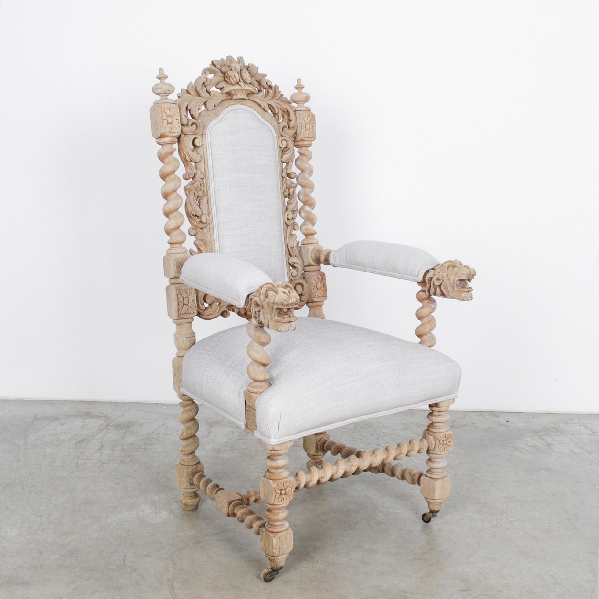 French Provincial Antique Belgian Ornate Oak Armchair