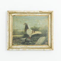 Antique Belgian Painting of Pigeon with Wooden Frame