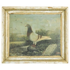 Peinture belge ancienne de pigeon avec cadre en bois
