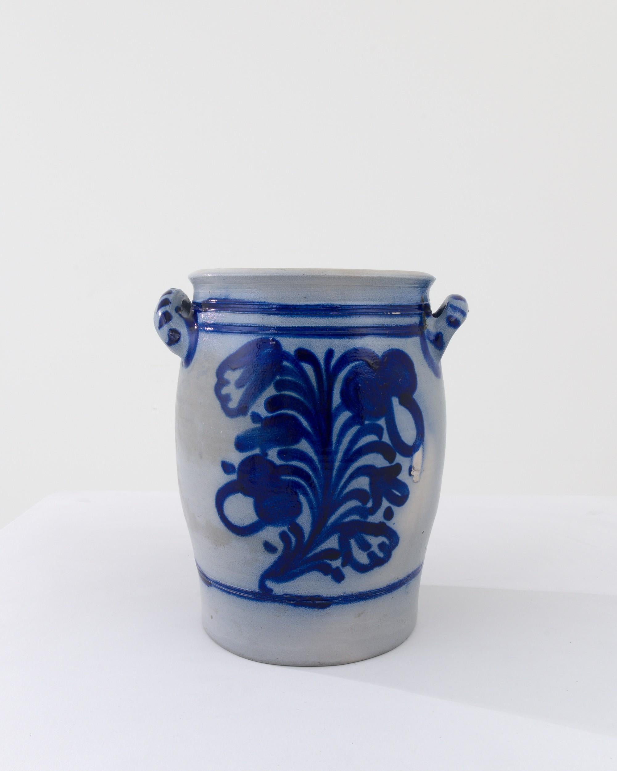 These three typical country pots are finished with a distinctive vivid blue salt glaze, enhancing the rounded clay base with a charming nature inspired motif. The dominant form of storage for food or agricultural purposes for thousands of years,