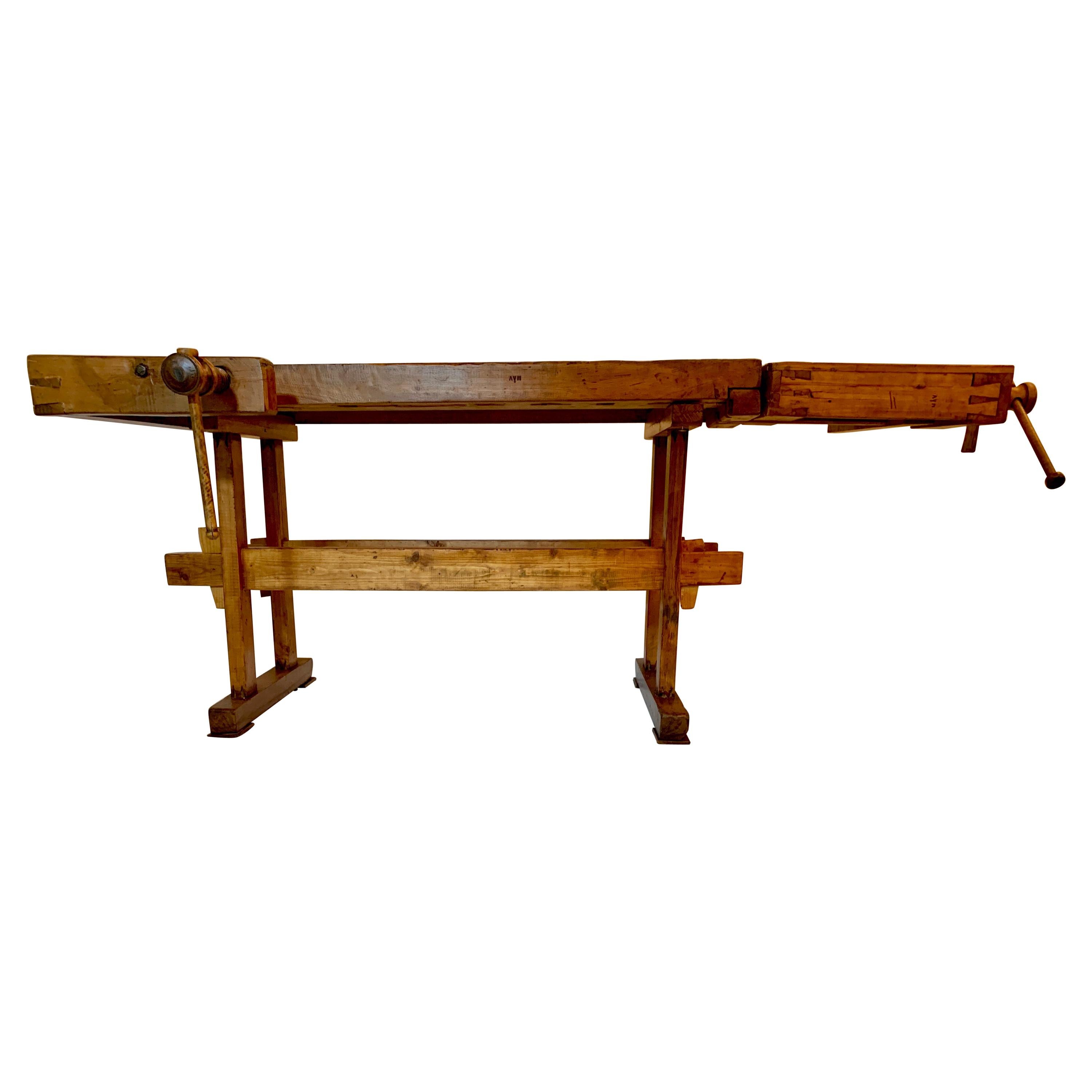 Antique Belgian Solid Oak Carpenter's Woodworking Bench with 2 Vises, Circa 1900