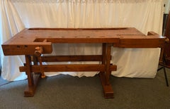 Antique Belgian Solid Oak Carpenter's Woodworking Bench with Vises, Circa 1900's