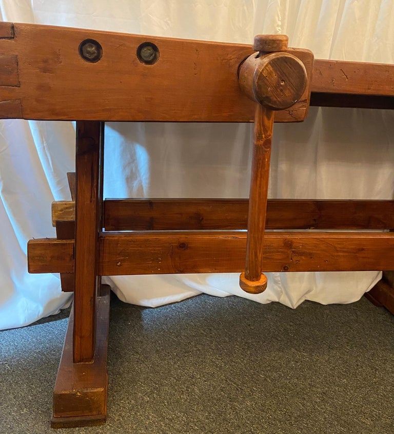 Antique Belgian Solid Oak Carpenter's Woodworking Bench with Vises