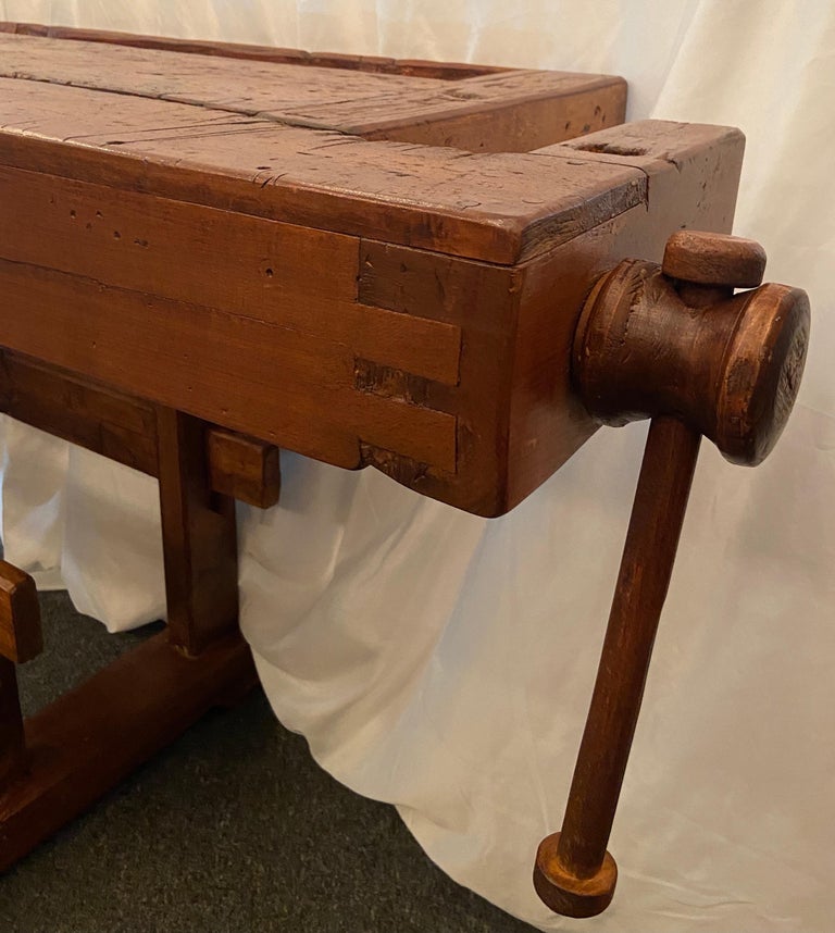Antique Belgian Solid Oak Carpenter's Woodworking Bench with Vises, Circa 1900's For Sale at 1stDibs