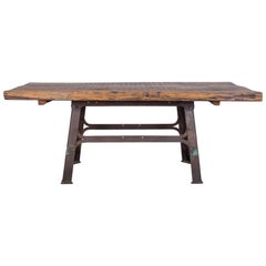 Antique Belgian Table with Industrial Metal Base and Rustic Wooden Top