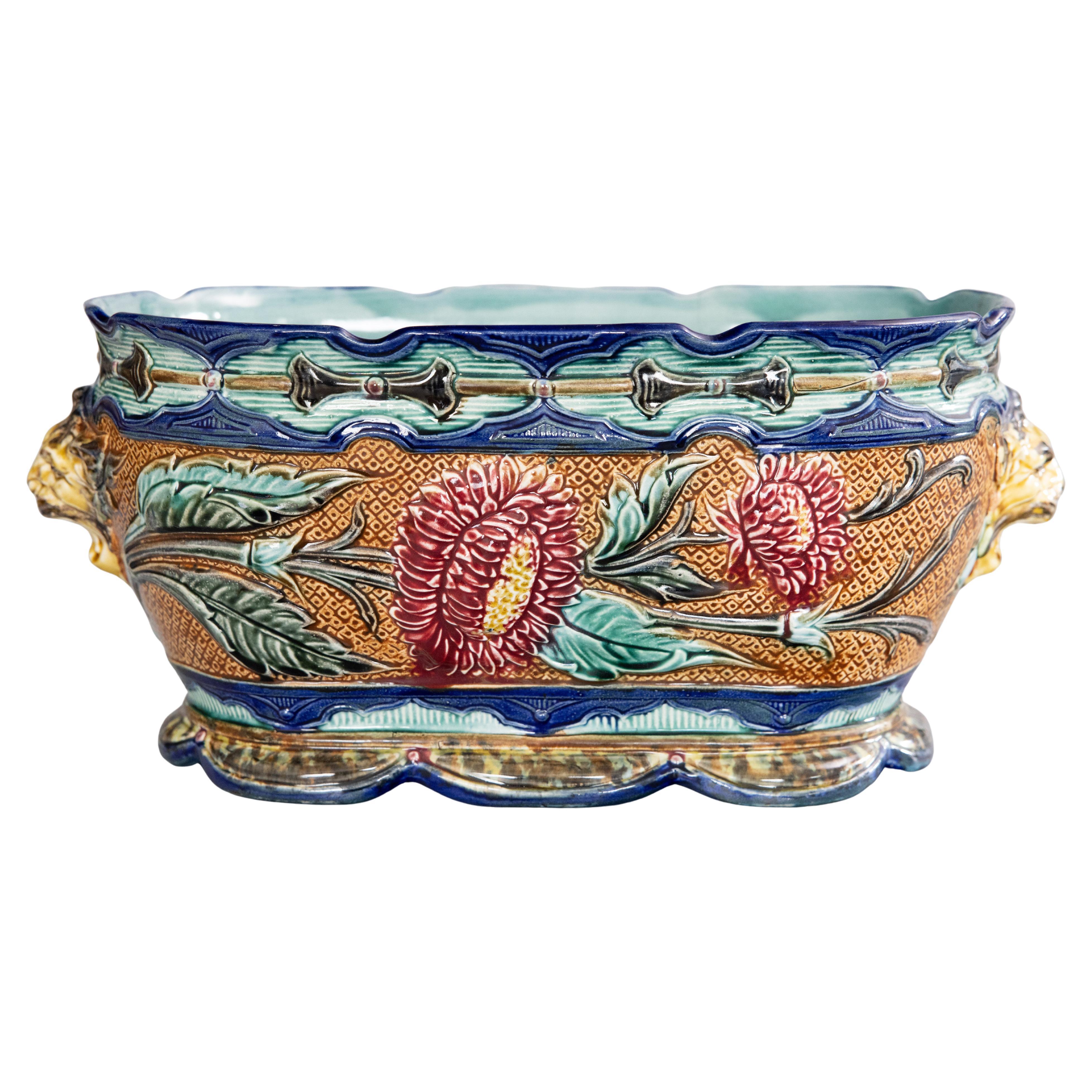 Antique Belgian Wasmuel Majolica Barbotine Sunflower Jardiniere Cachepot c. 1880 For Sale