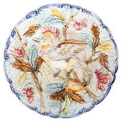 Antique Belgian Wasmuel Majolica Bird With Cherries Plate, Circa 1890