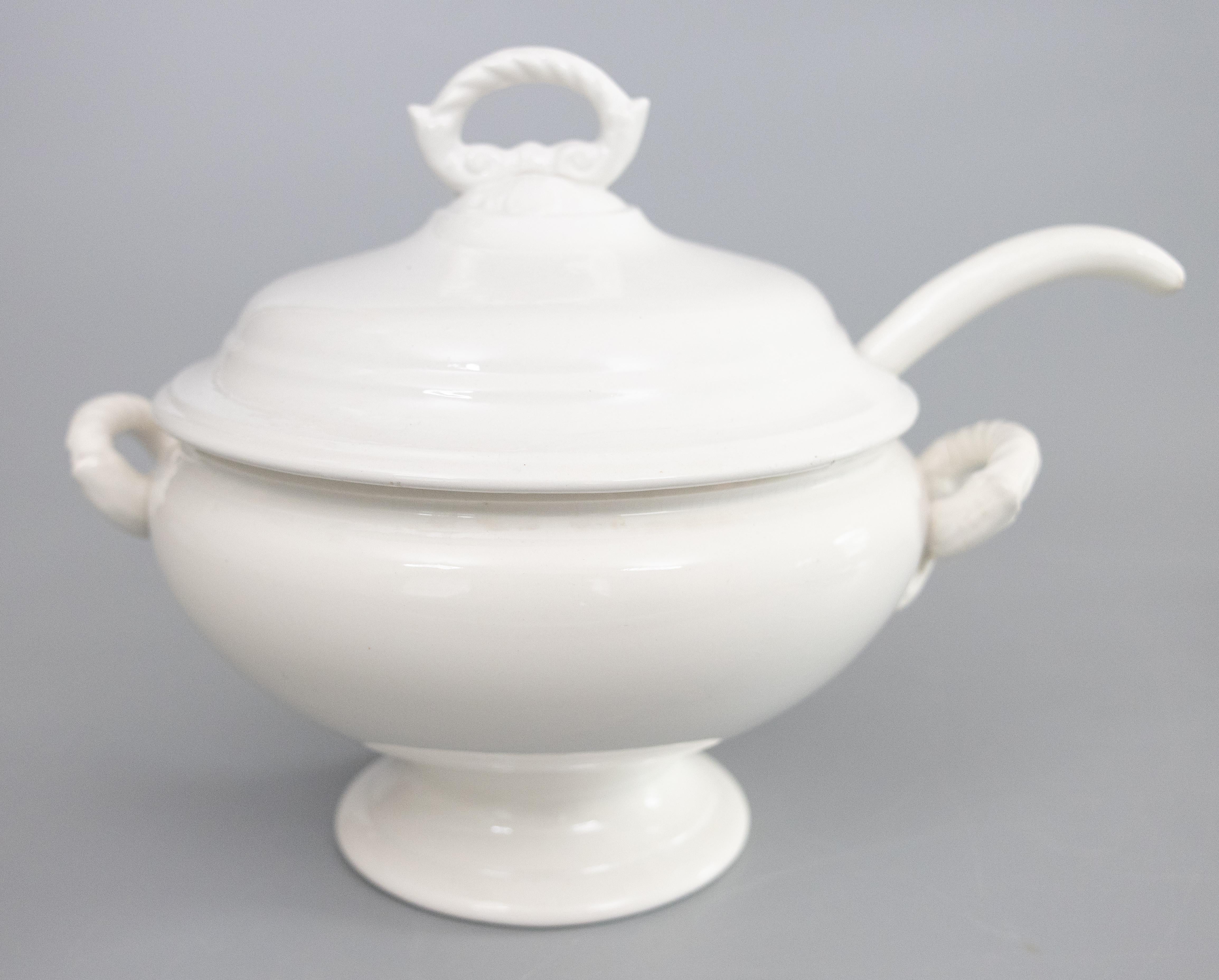 Antique Belgian White Ironstone Lidded Soup Tureen With Ladle For Sale 5