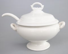 Antique Belgian White Ironstone Lidded Soup Tureen With Ladle