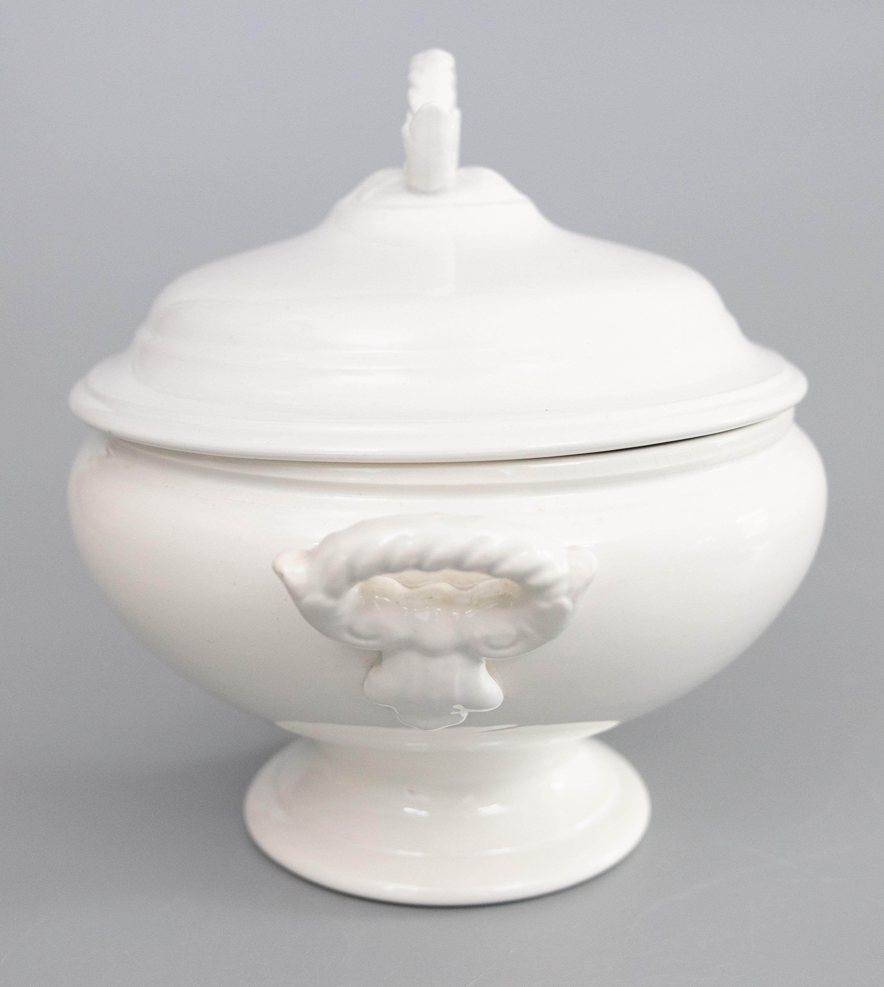 Glazed Antique Belgian White Ironstone Lidded Soup Tureen With Ladle For Sale