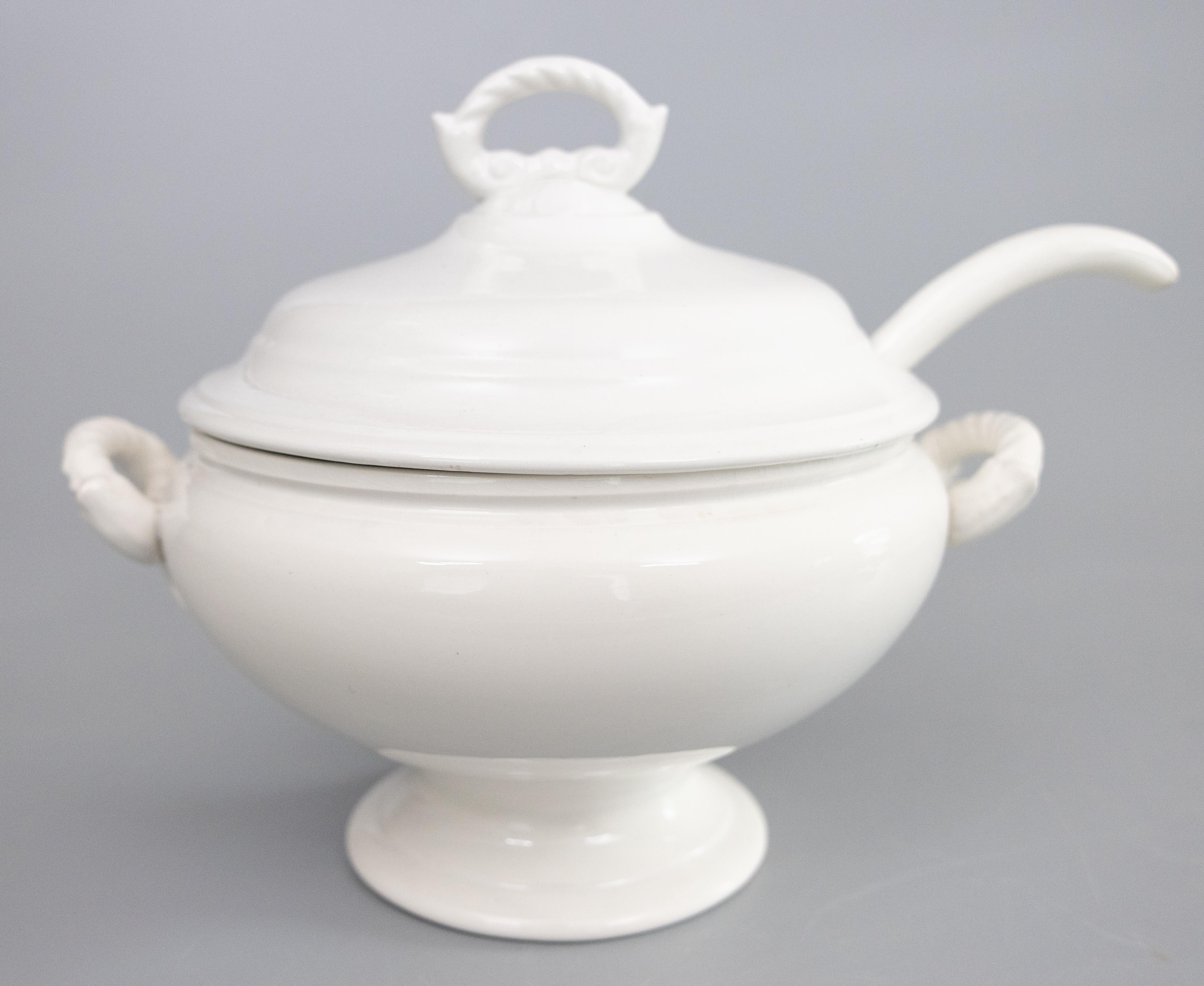 Antique Belgian White Ironstone Lidded Soup Tureen With Ladle In Good Condition For Sale In Pearland, TX