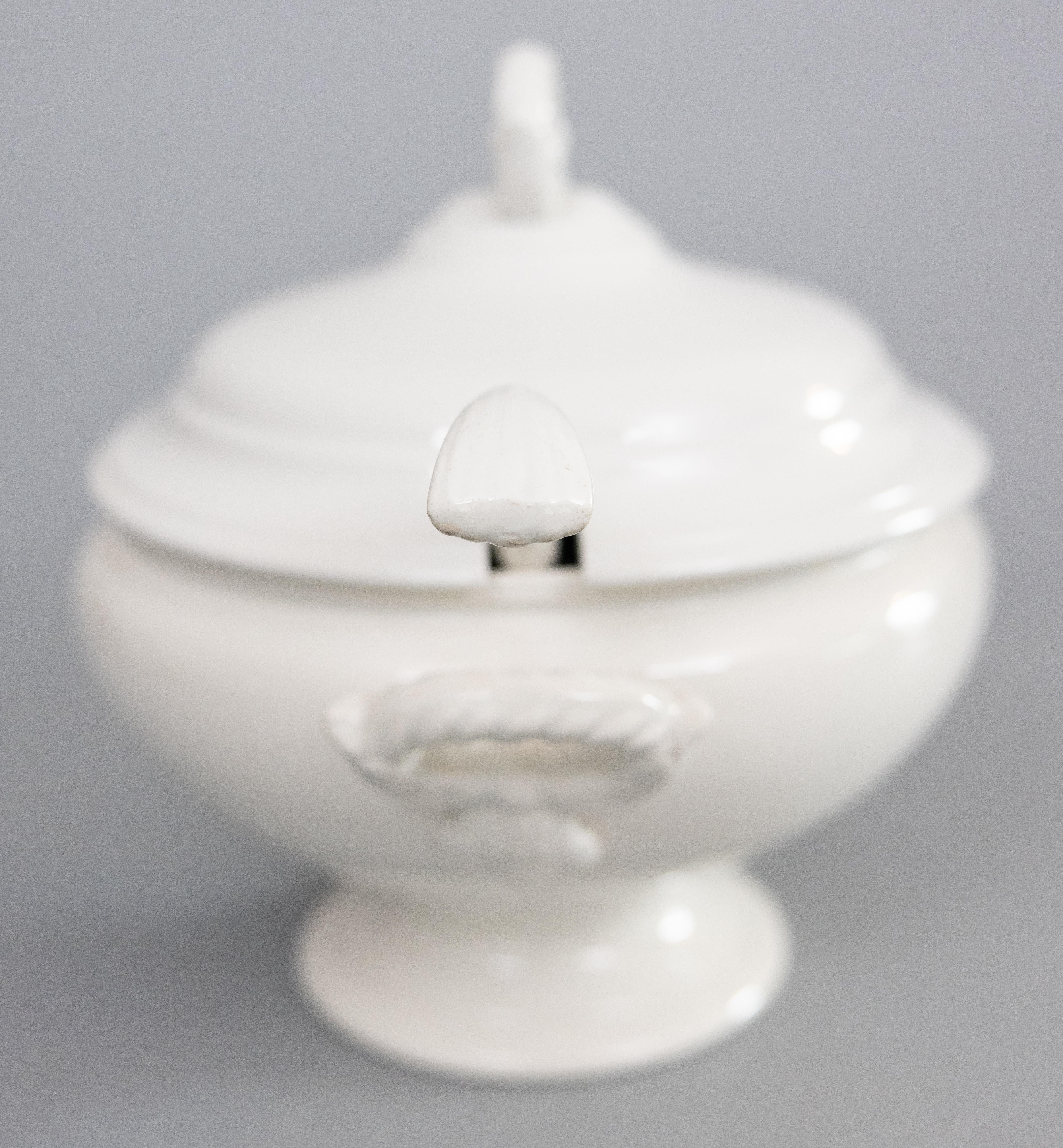 Early 20th Century Antique Belgian White Ironstone Lidded Soup Tureen With Ladle For Sale