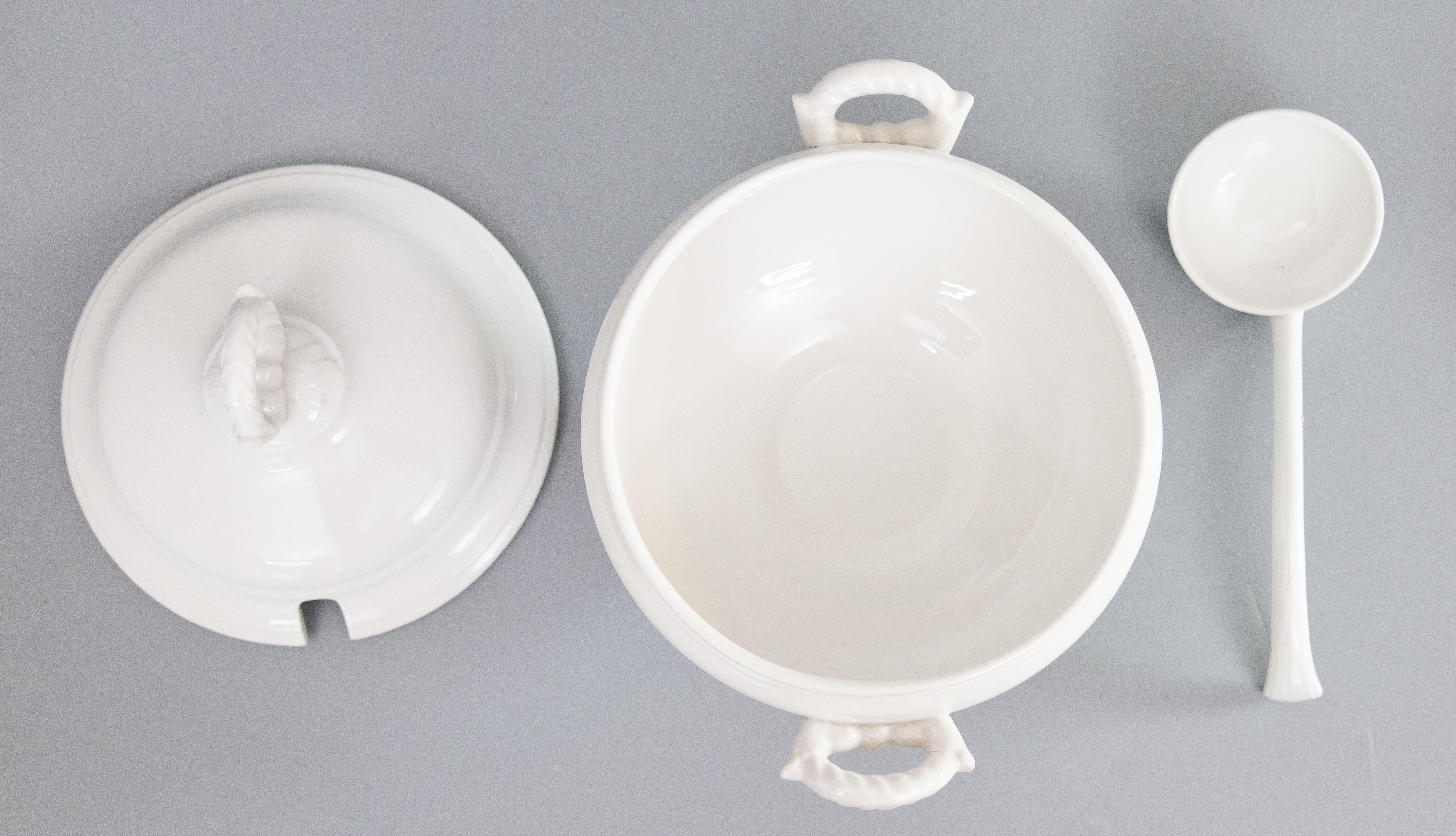 Antique Belgian White Ironstone Lidded Soup Tureen With Ladle For Sale 1