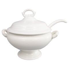 Antique Belgian White Ironstone Lidded Soup Tureen With Ladle