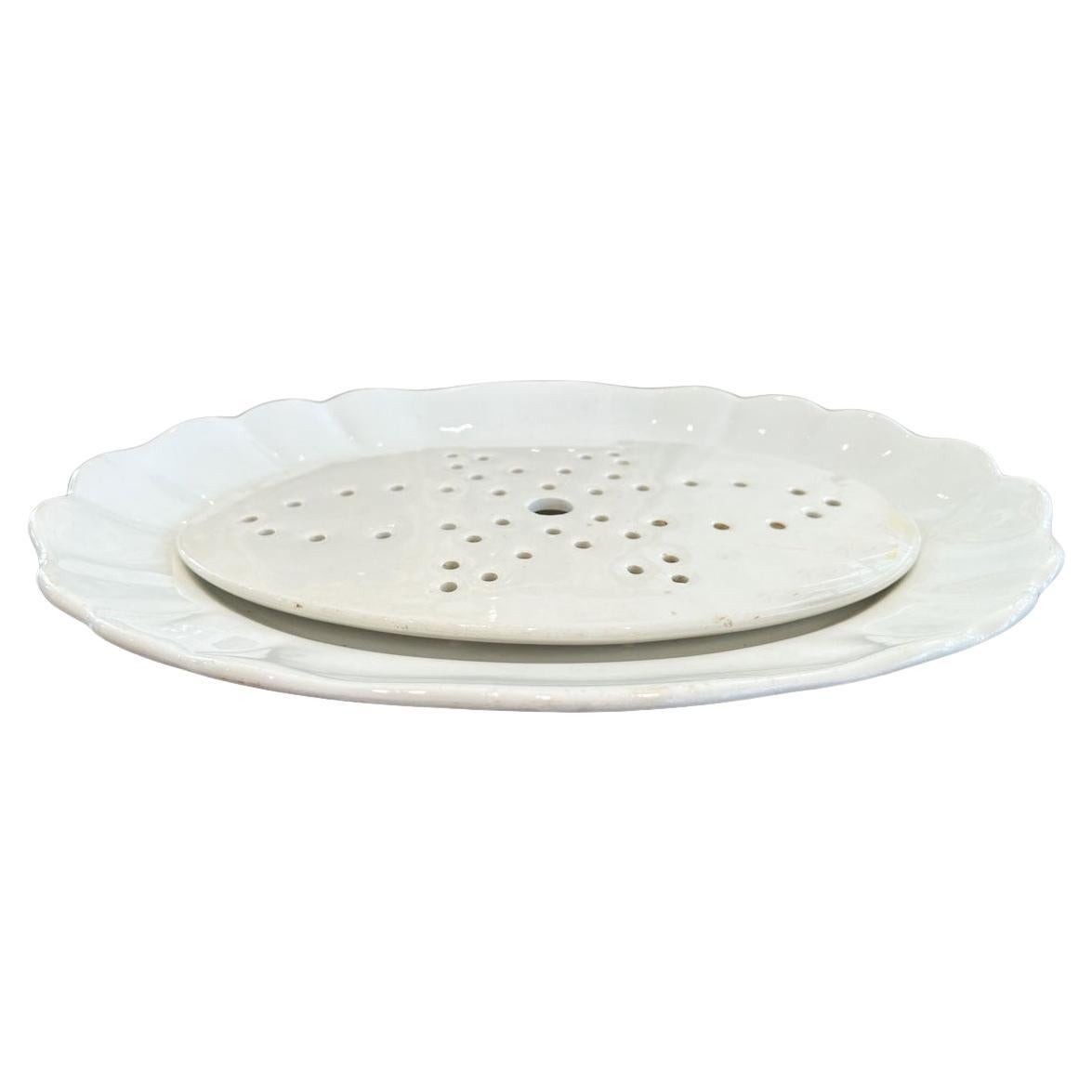 Antiguo Plato Belga Blanco de Ironstone con Plato Escurridor