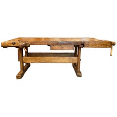 Used Belgian Woodcarver's Oak Workbench with Drawer and Working Vises, 1900