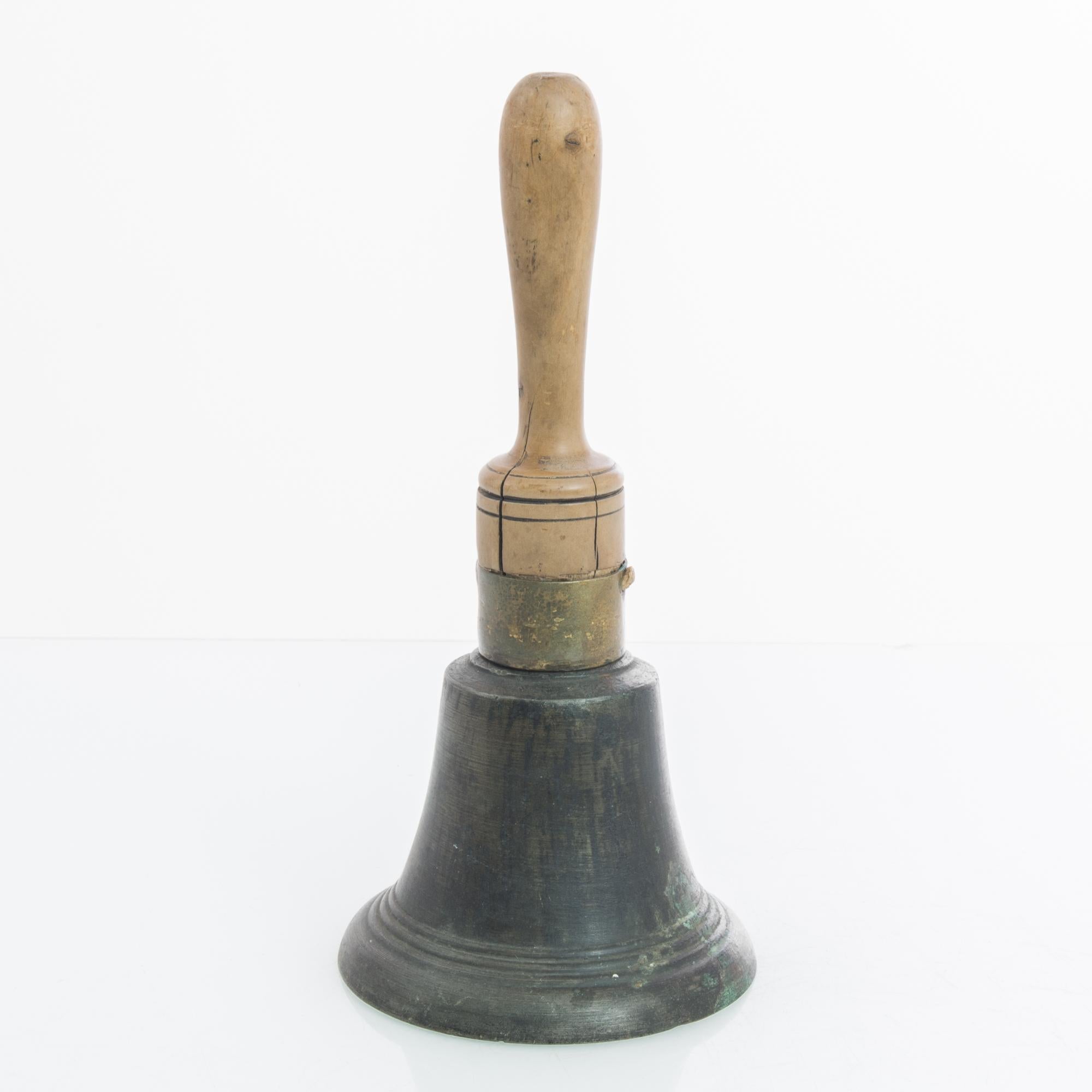 Antique Belgian Wooden Handled Dinner Bell In Good Condition In High Point, NC