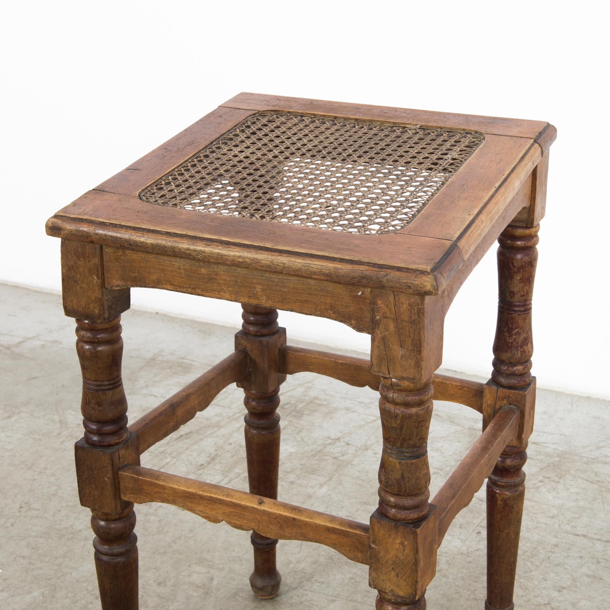 Straw Antique Belgian Wooden Stool For Sale