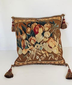 Antique Belgian Wool Tapestry Pillow w Tassels