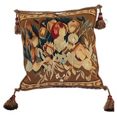Antique Belgian Wool Tapestry Pillow w Tassels