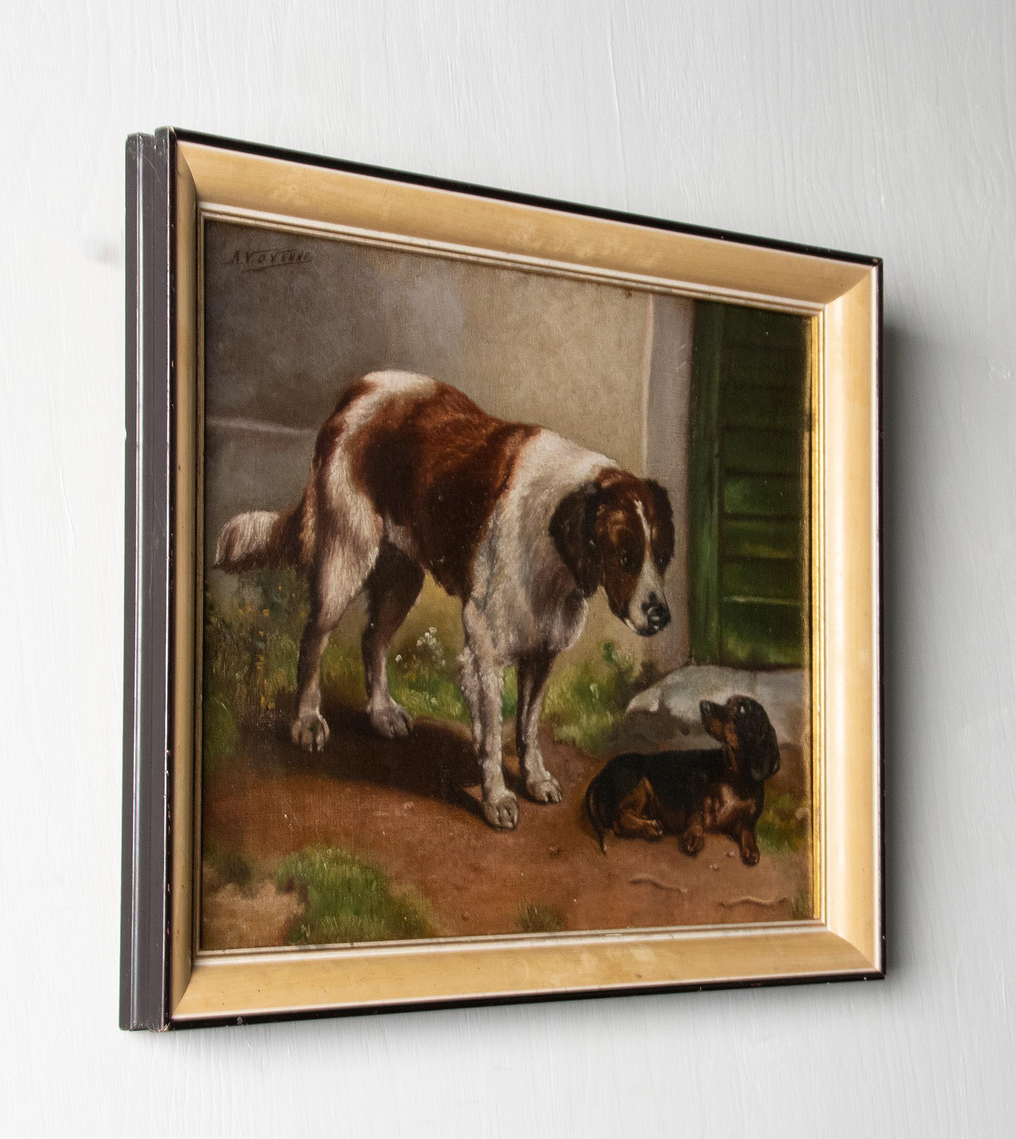 Canvas Antique Belgium Oil Painting Border Collie and a Dachshund Dog, A van de Venne