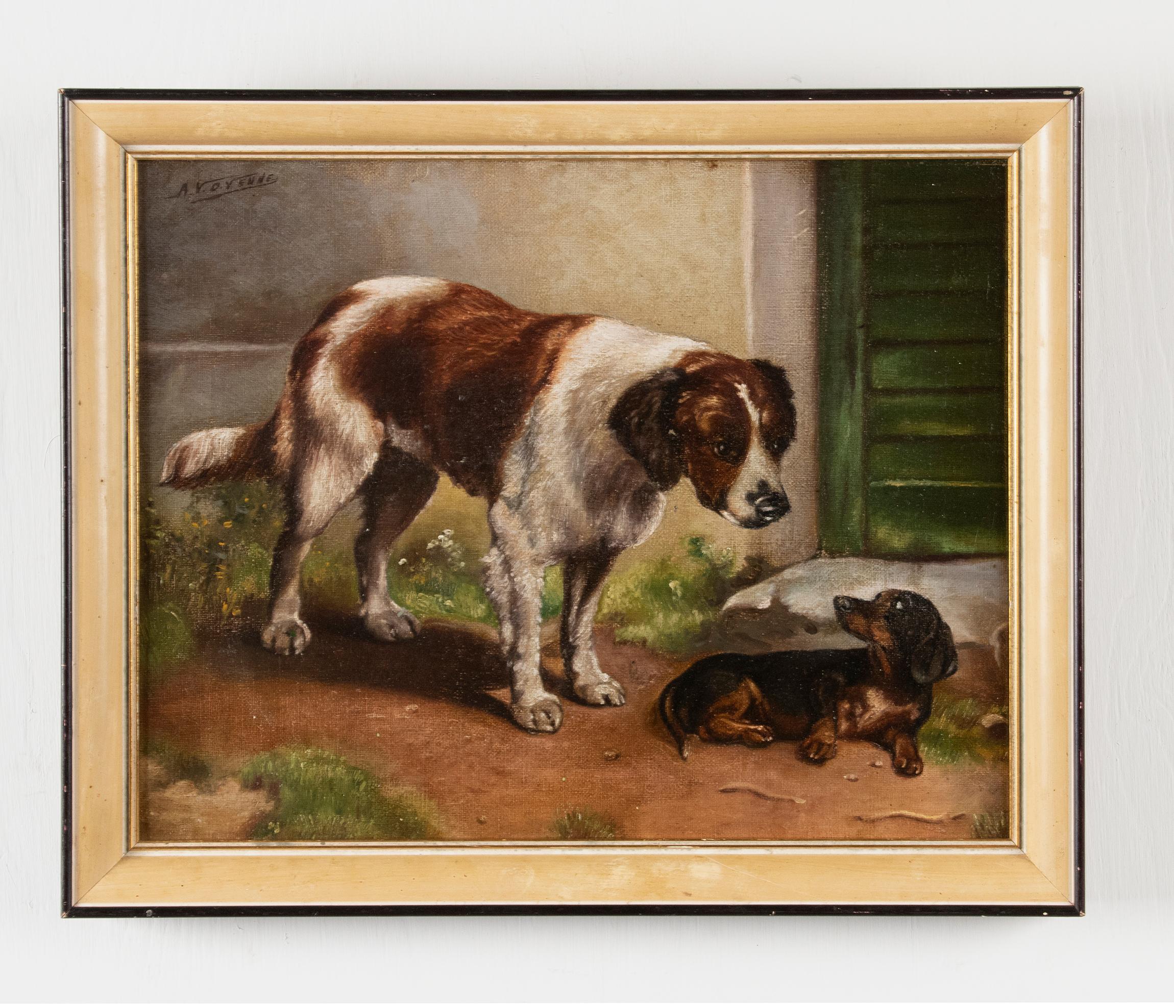 A Belgium antique oil painting of two dogs, a Dachshund and a brown Border Collie, painted on canvas. It dates from about 1910-1930. The wooden frame is of more recent date (ca. 1960). It is signed top left: 