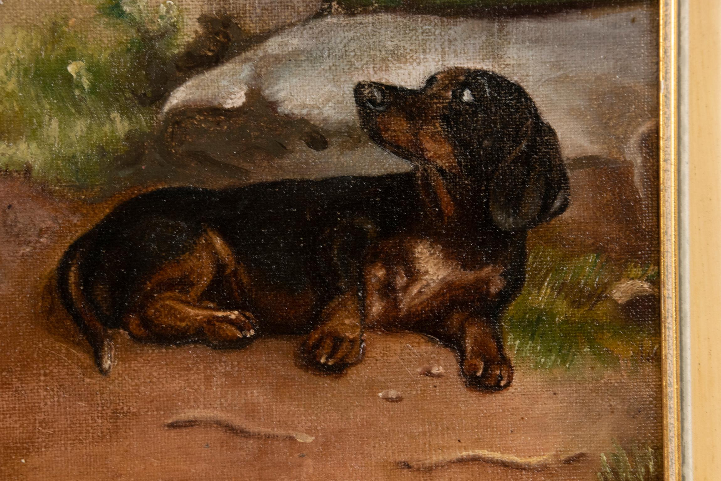 Belle Époque Antique Belgium Oil Painting Border Collie and a Dachshund Dog, A van de Venne