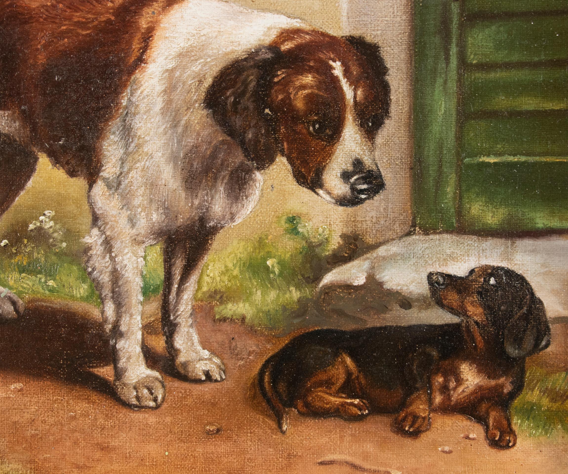 Hand-Painted Antique Belgium Oil Painting Border Collie and a Dachshund Dog, A van de Venne