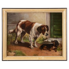 Antique Belgium Oil Painting Border Collie and a Dachshund Dog, A van de Venne