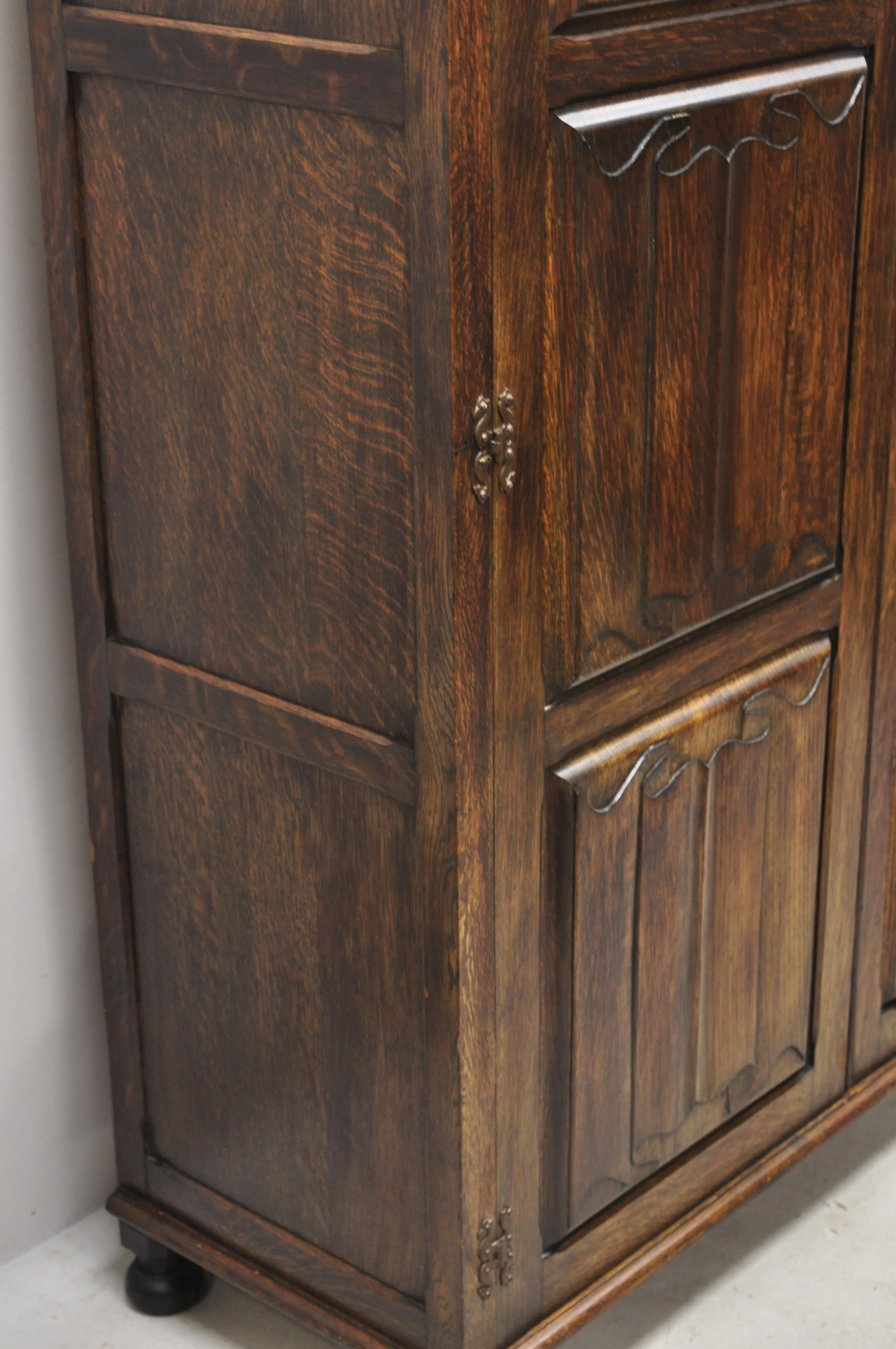 Belgian Antique Belgium Renaissance Jacobean Figural Carved Oak Large Wardrobe Cabinet For Sale