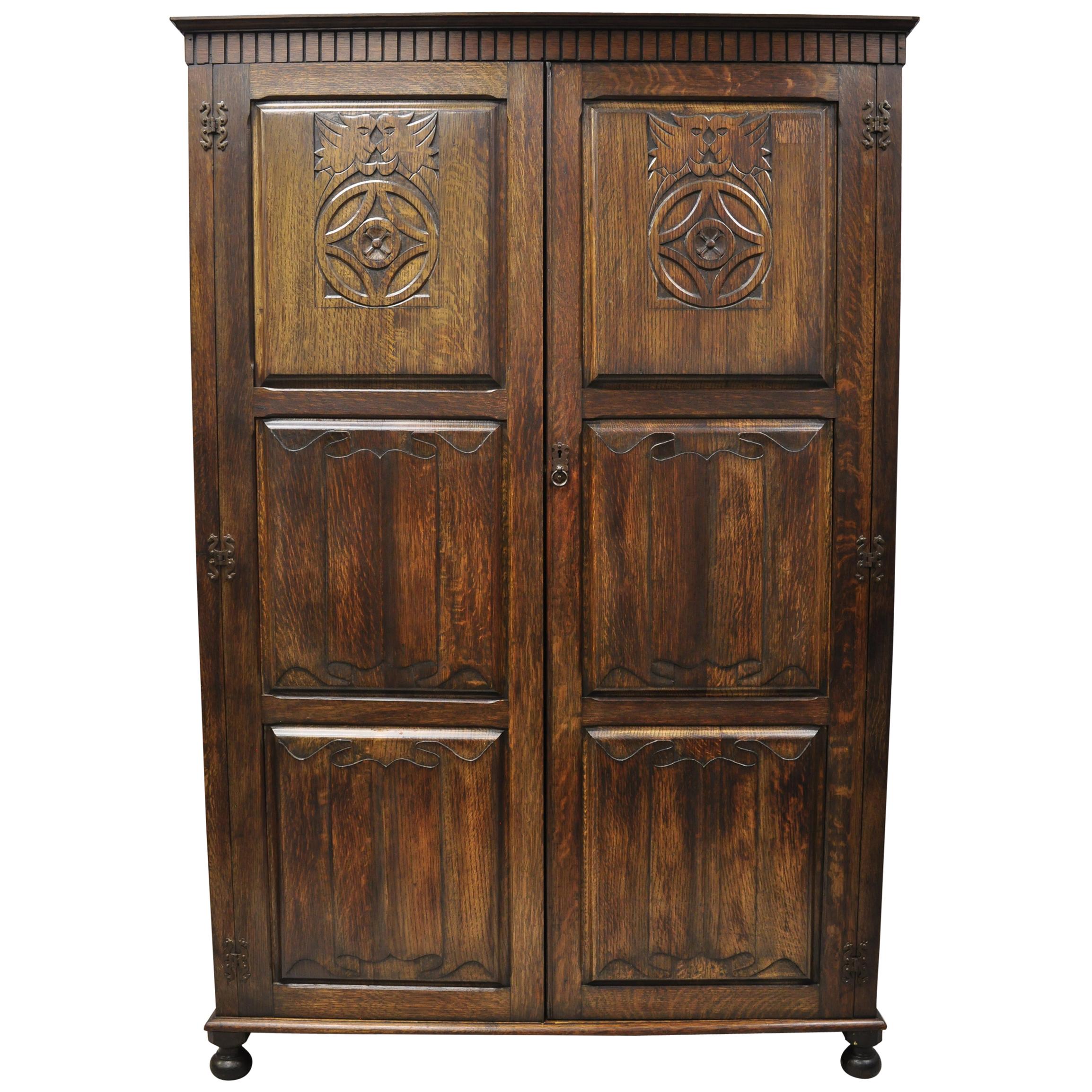 Antique Belgium Renaissance Jacobean Figural Carved Oak Large Wardrobe Cabinet