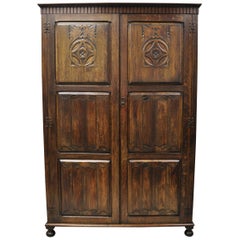 Used Belgium Renaissance Jacobean Figural Carved Oak Large Wardrobe Cabinet