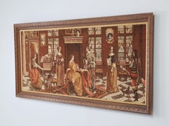 Antique Belgium Wall Tapestry of Music Room with Piano Original Frame c1900-1920