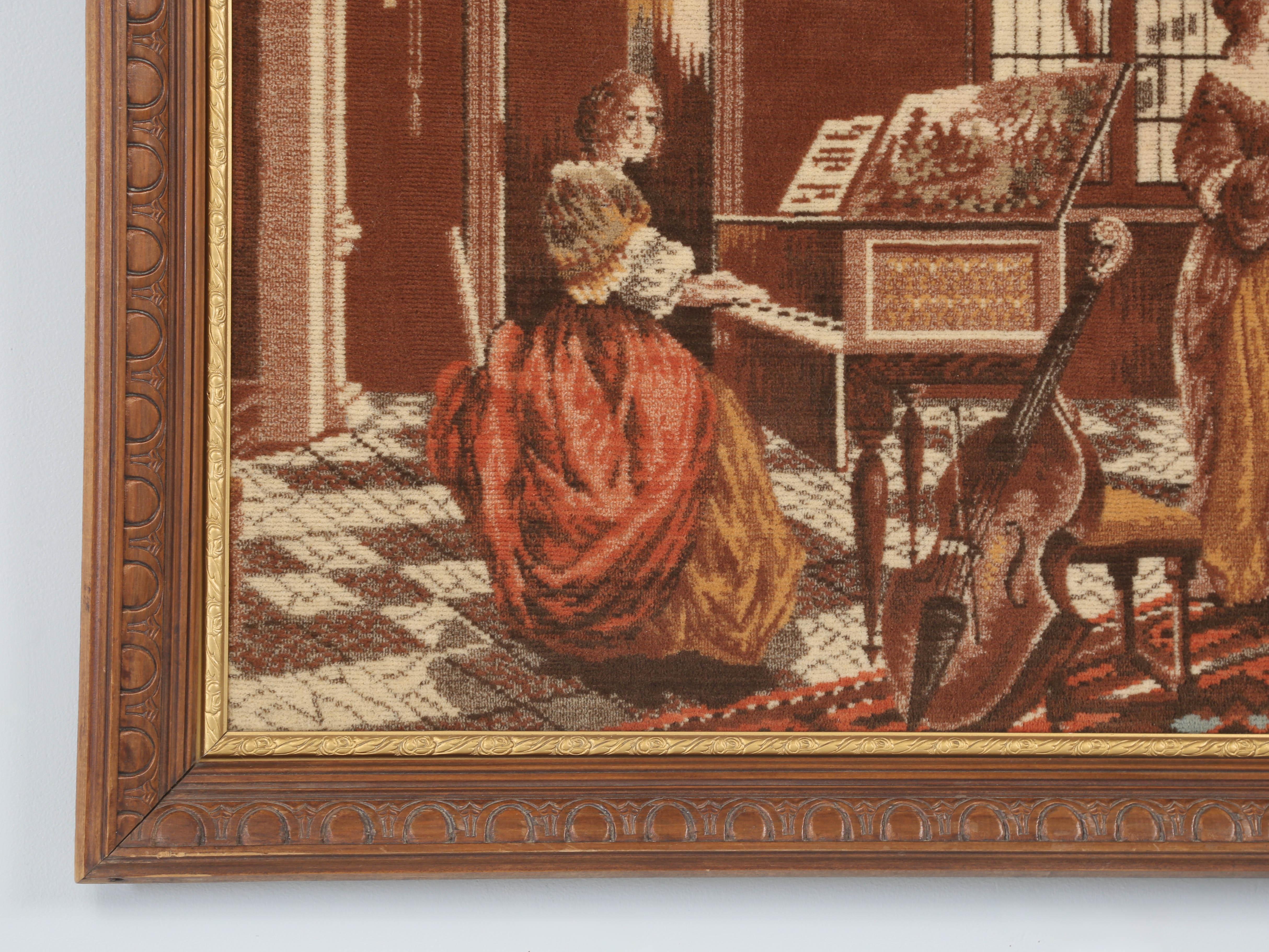 Fabric Antique Belgium Wall Tapestry of Music Room with Piano Original Frame c1900-1920 For Sale