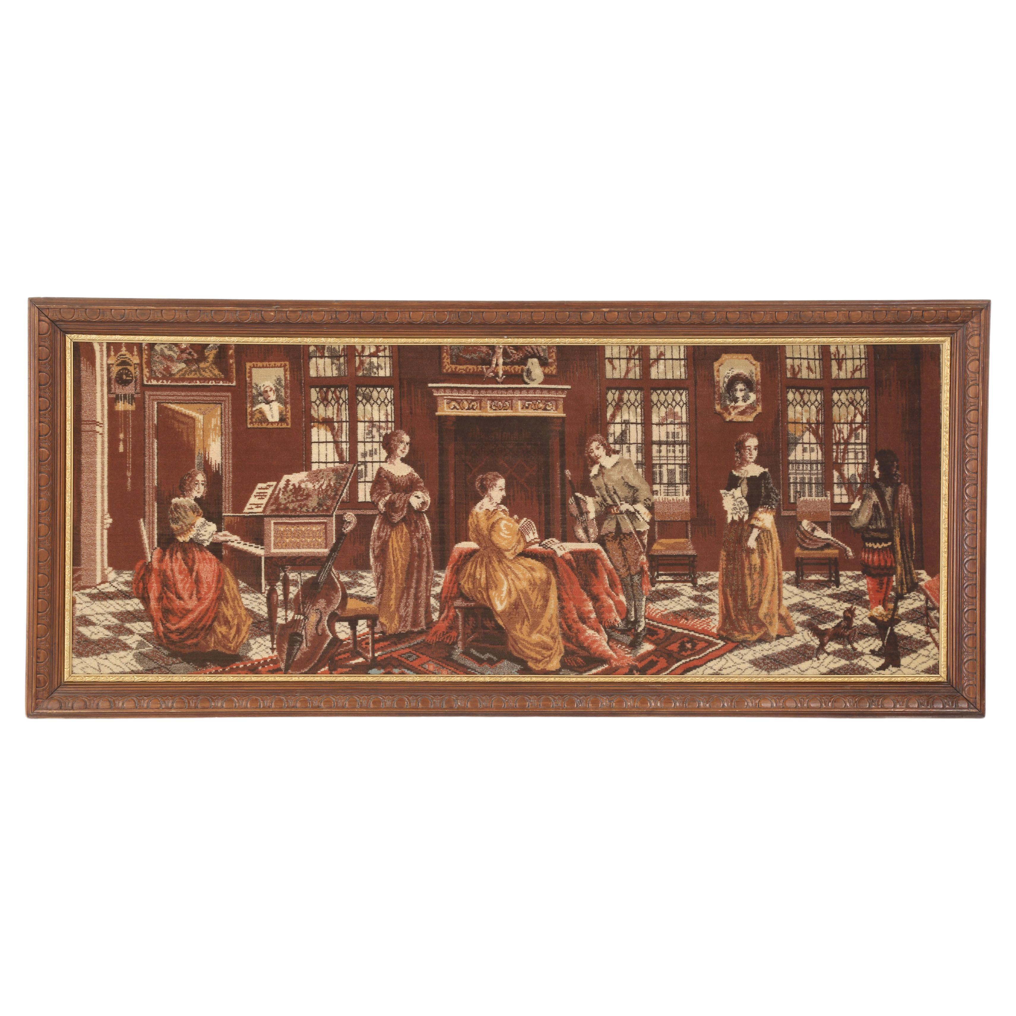 Antique Belgium Wall Tapestry of Music Room with Piano Original Frame c1900-1920 For Sale