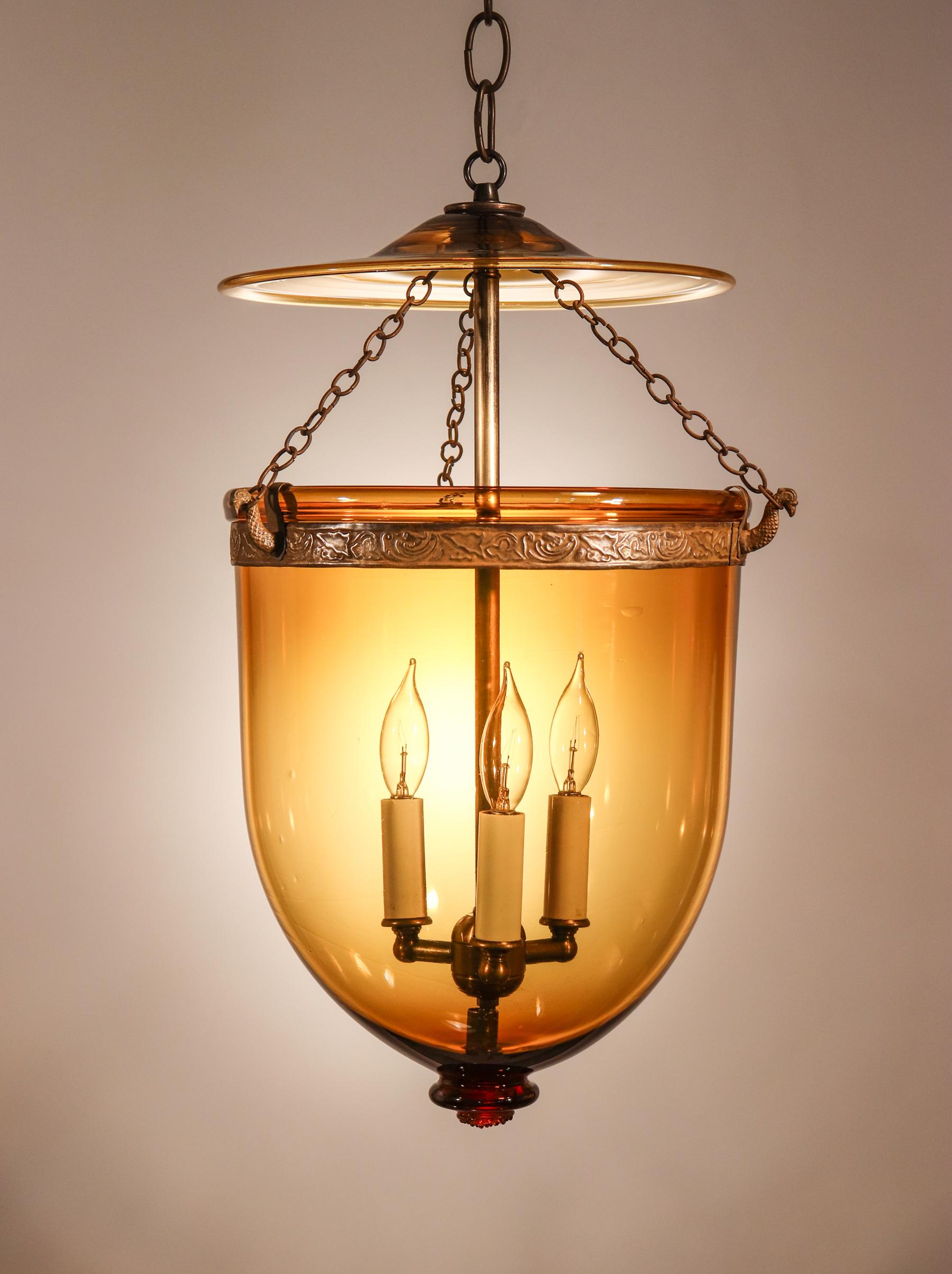 High Victorian Antique Bell Jar Lantern with Amber Colored Glass
