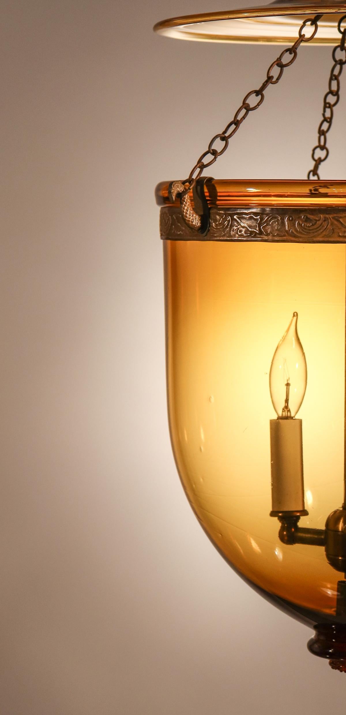 English Antique Bell Jar Lantern with Amber Colored Glass
