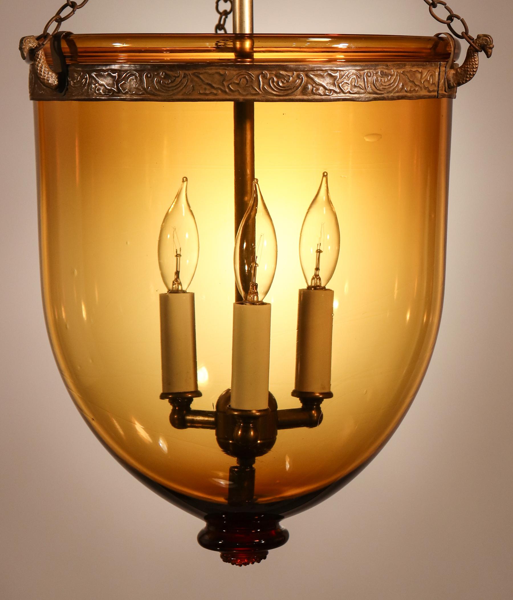 Antique Bell Jar Lantern with Amber Colored Glass In Good Condition In Heath, MA
