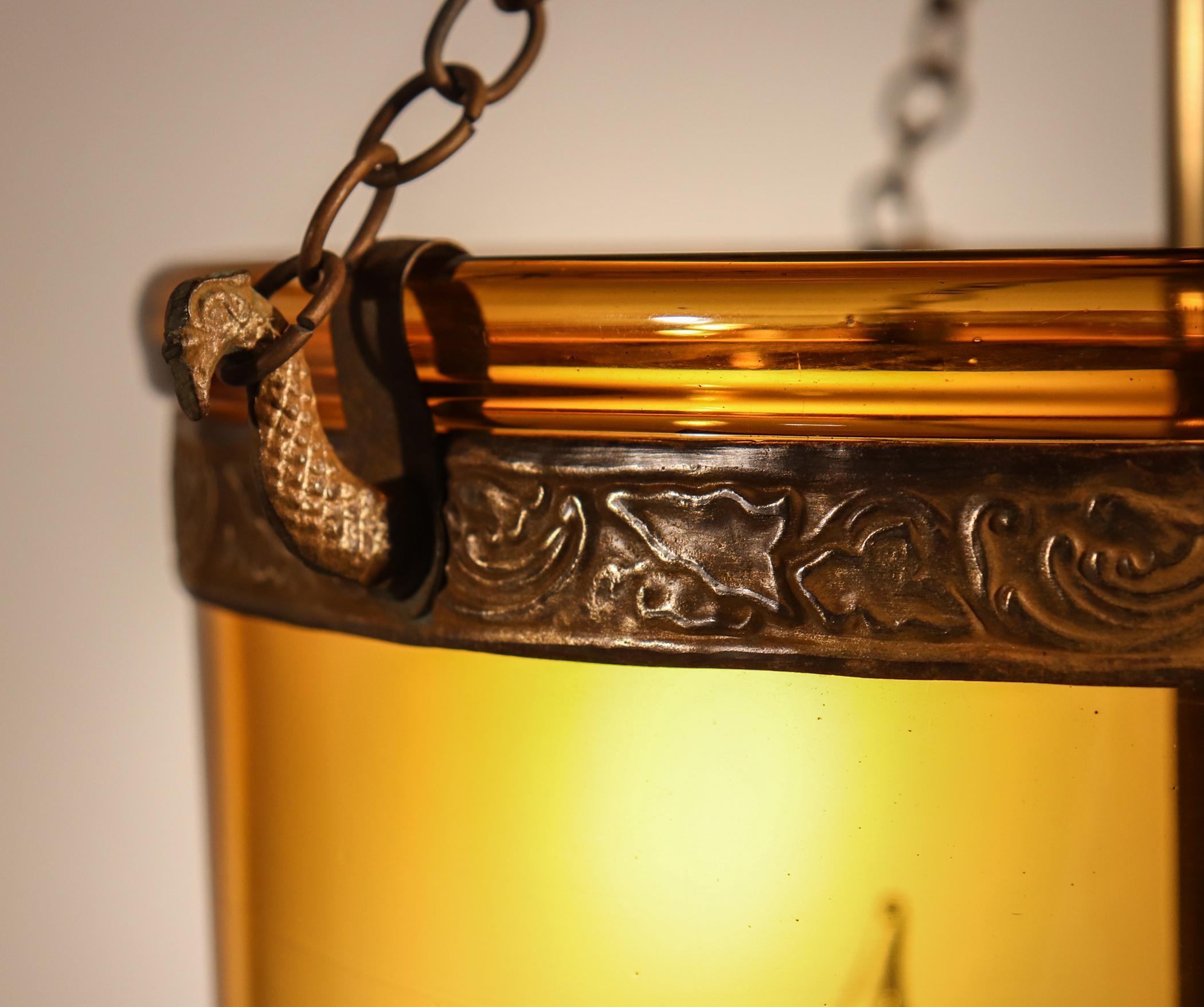 19th Century Antique Bell Jar Lantern with Amber Colored Glass
