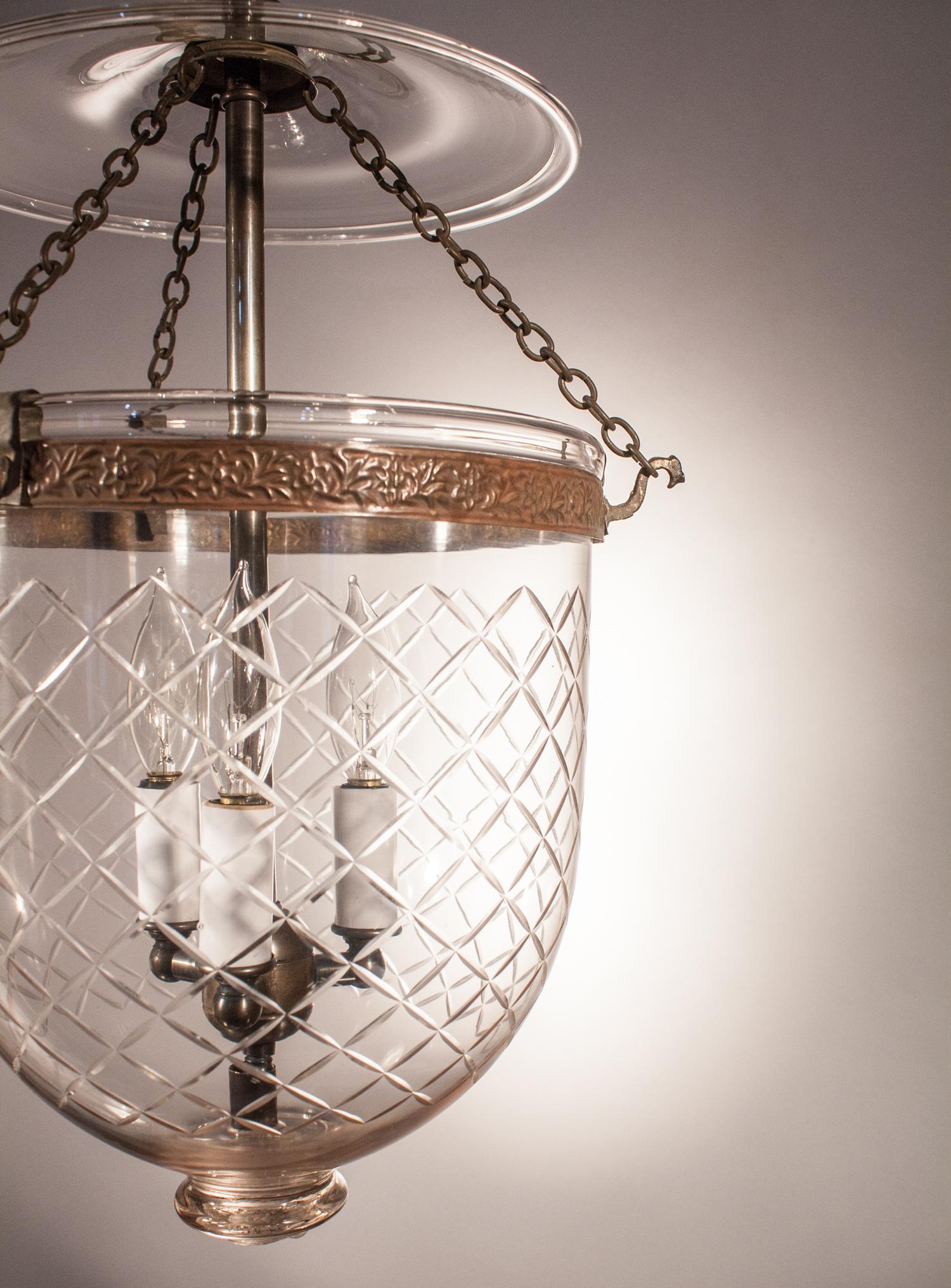 English Antique Bell Jar Lantern with Diamond Cut Glass Etching