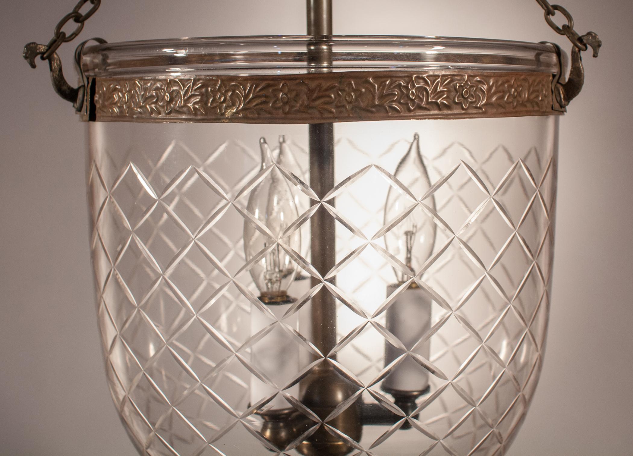 19th Century Antique Bell Jar Lantern with Diamond Cut Glass Etching