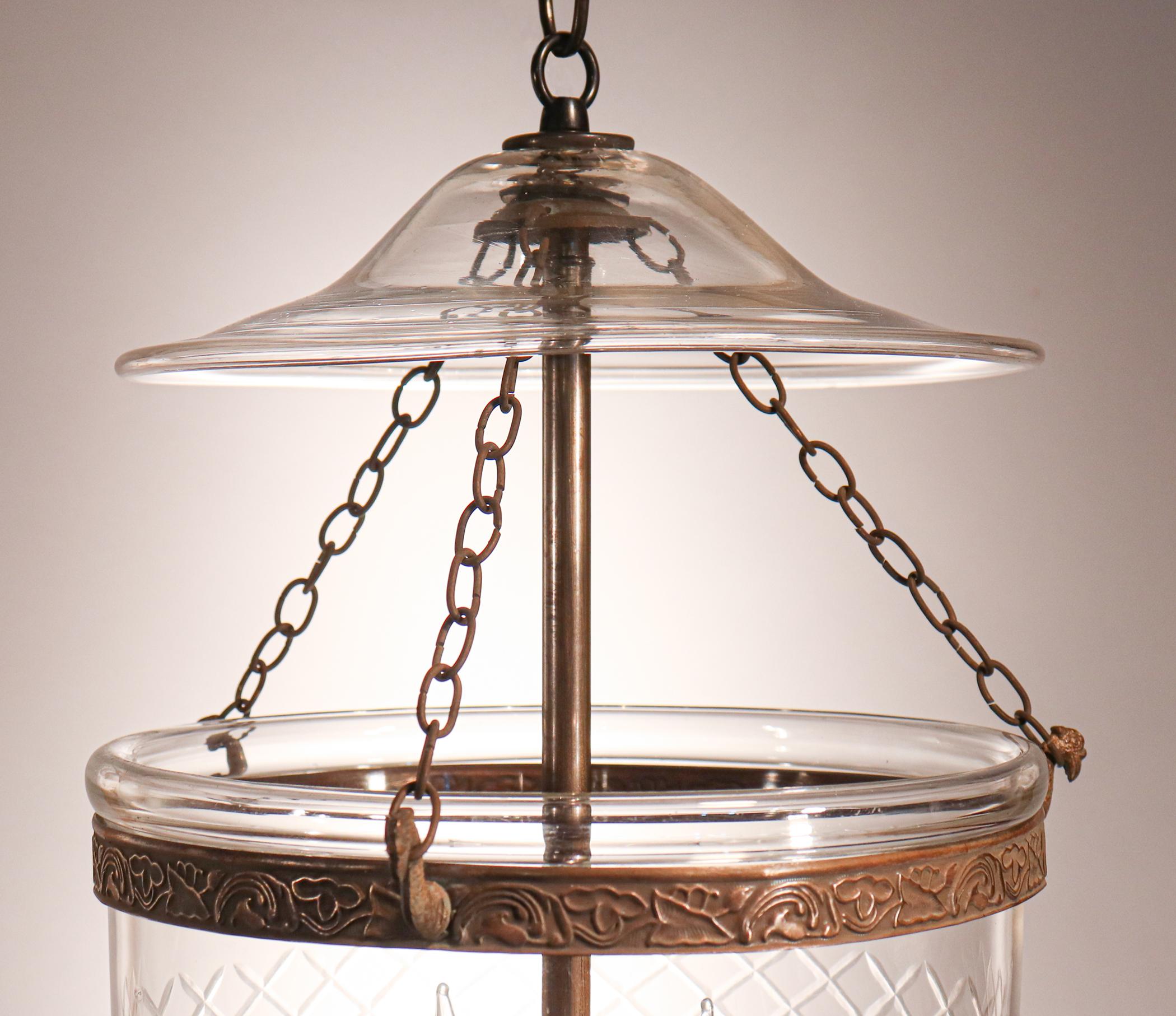 Antique Bell Jar Lantern with Diamond Etching In Good Condition In Heath, MA