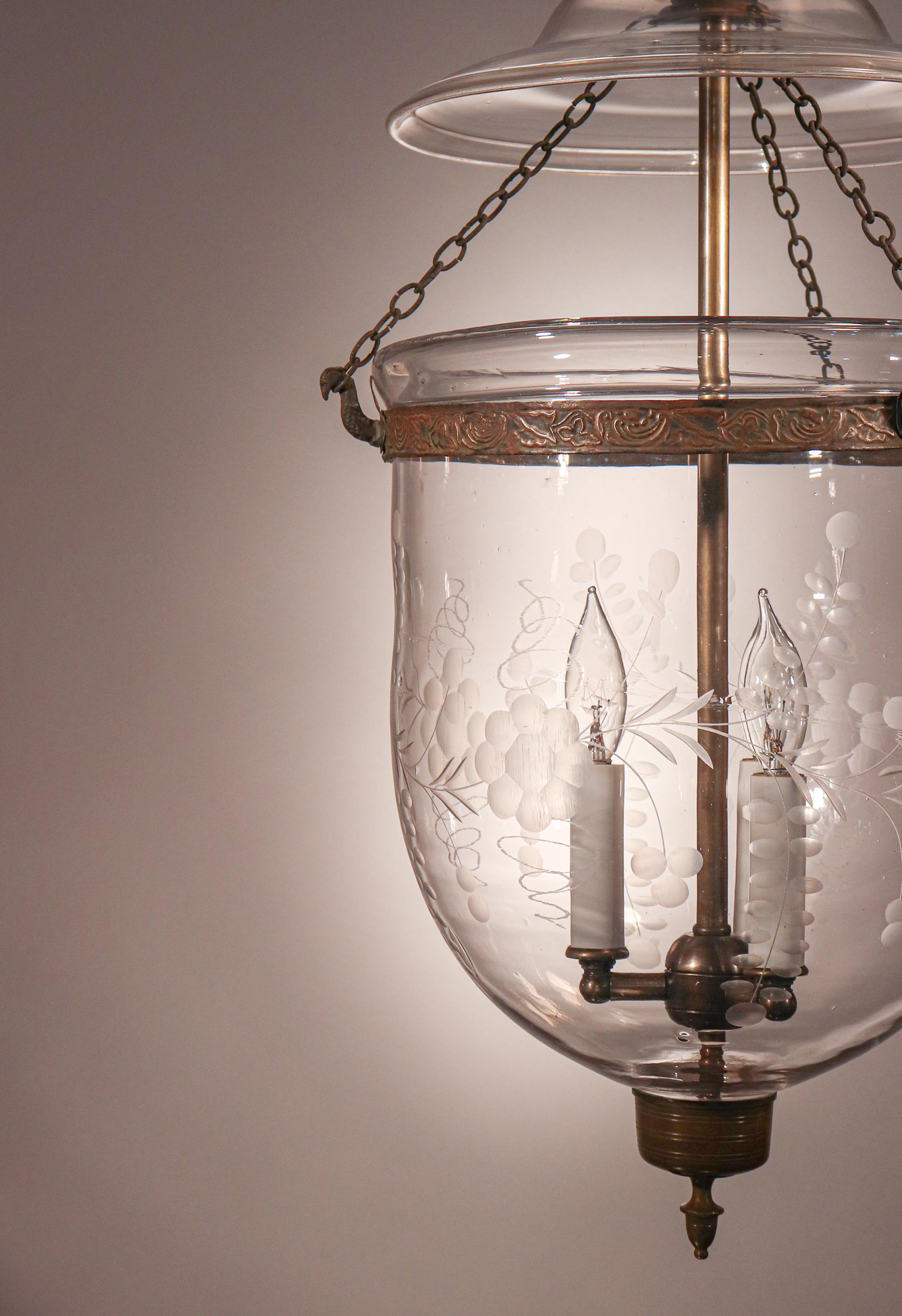 High Victorian Antique Bell Jar Lantern with Etched Floral Motif