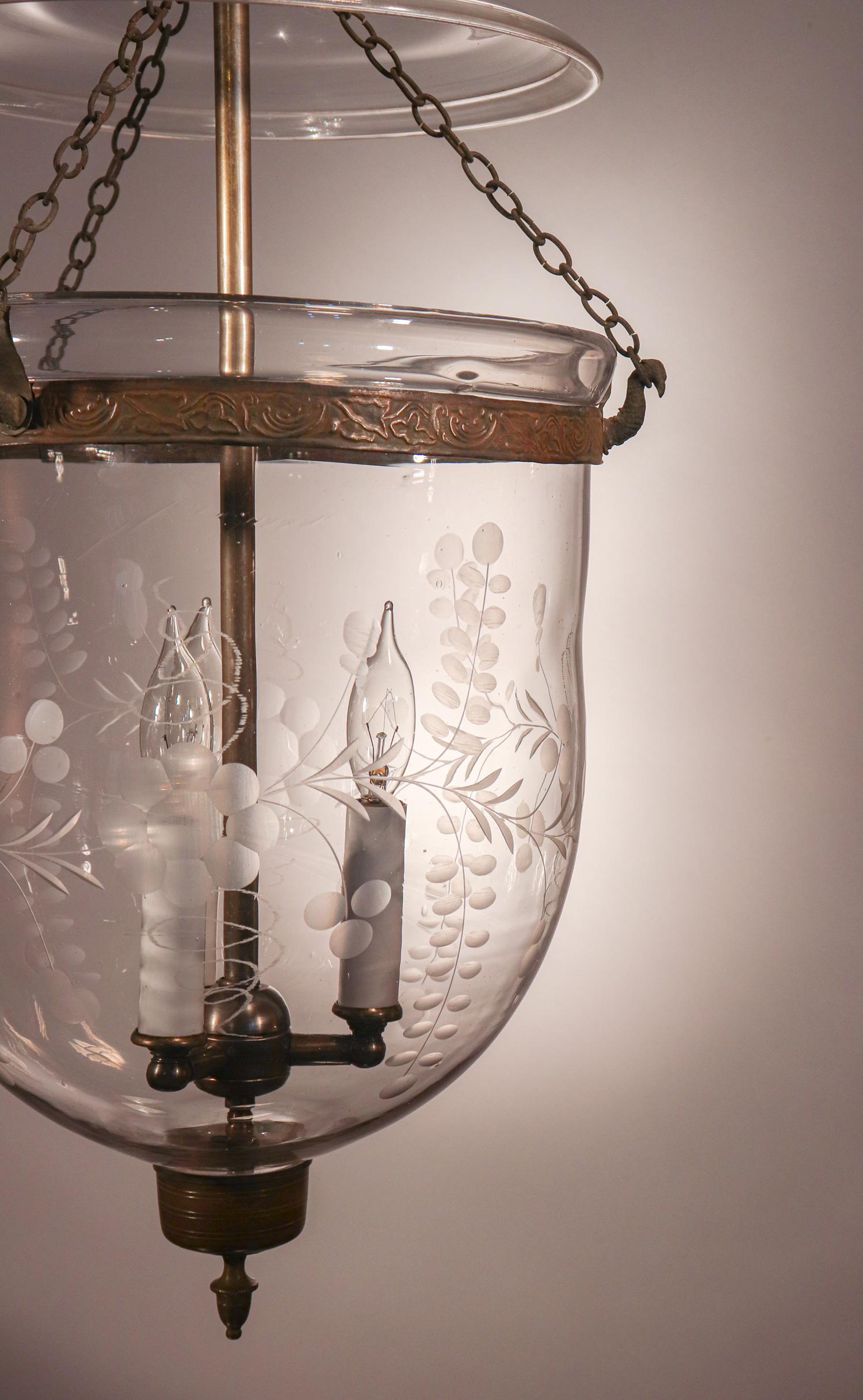English Antique Bell Jar Lantern with Etched Floral Motif