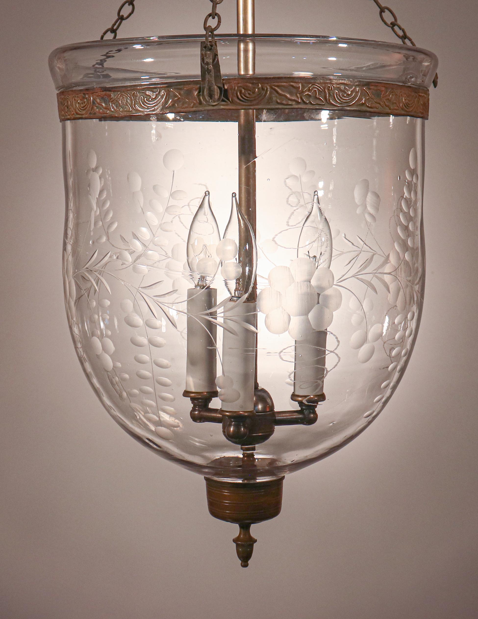 Antique Bell Jar Lantern with Etched Floral Motif In Good Condition In Heath, MA