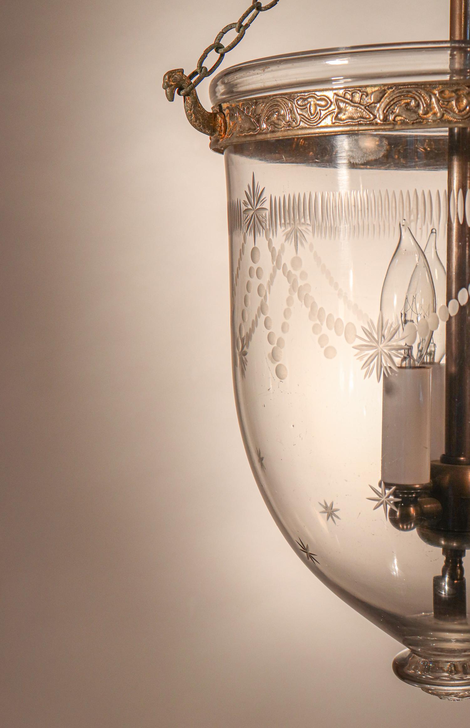 Antique Bell Jar Lantern with Federal Etching In Good Condition In Heath, MA