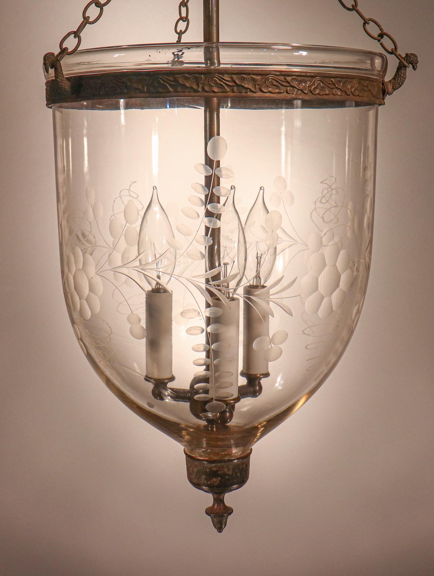 English Antique Bell Jar Lantern with Floral Etching