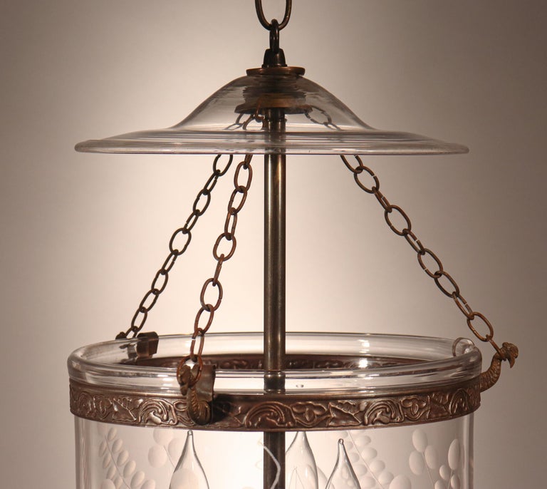 English Antique Bell Jar Lantern with Floral Etching For Sale