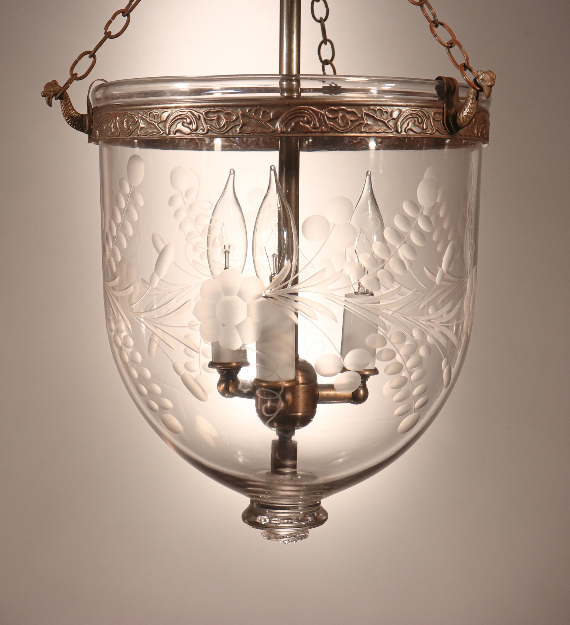 Etched Antique Bell Jar Lantern with Floral Etching